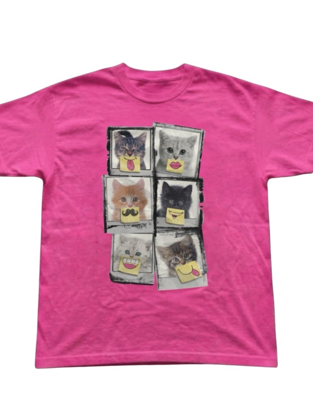 Pink Short Sleeve Tee with Playful Cat Patch Graphic